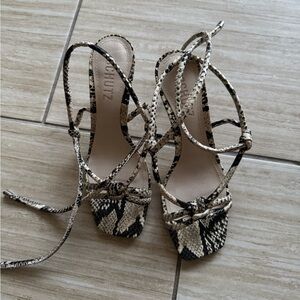 SCHUTZ Snakeskin Strappy Sandals - Black and Tan
